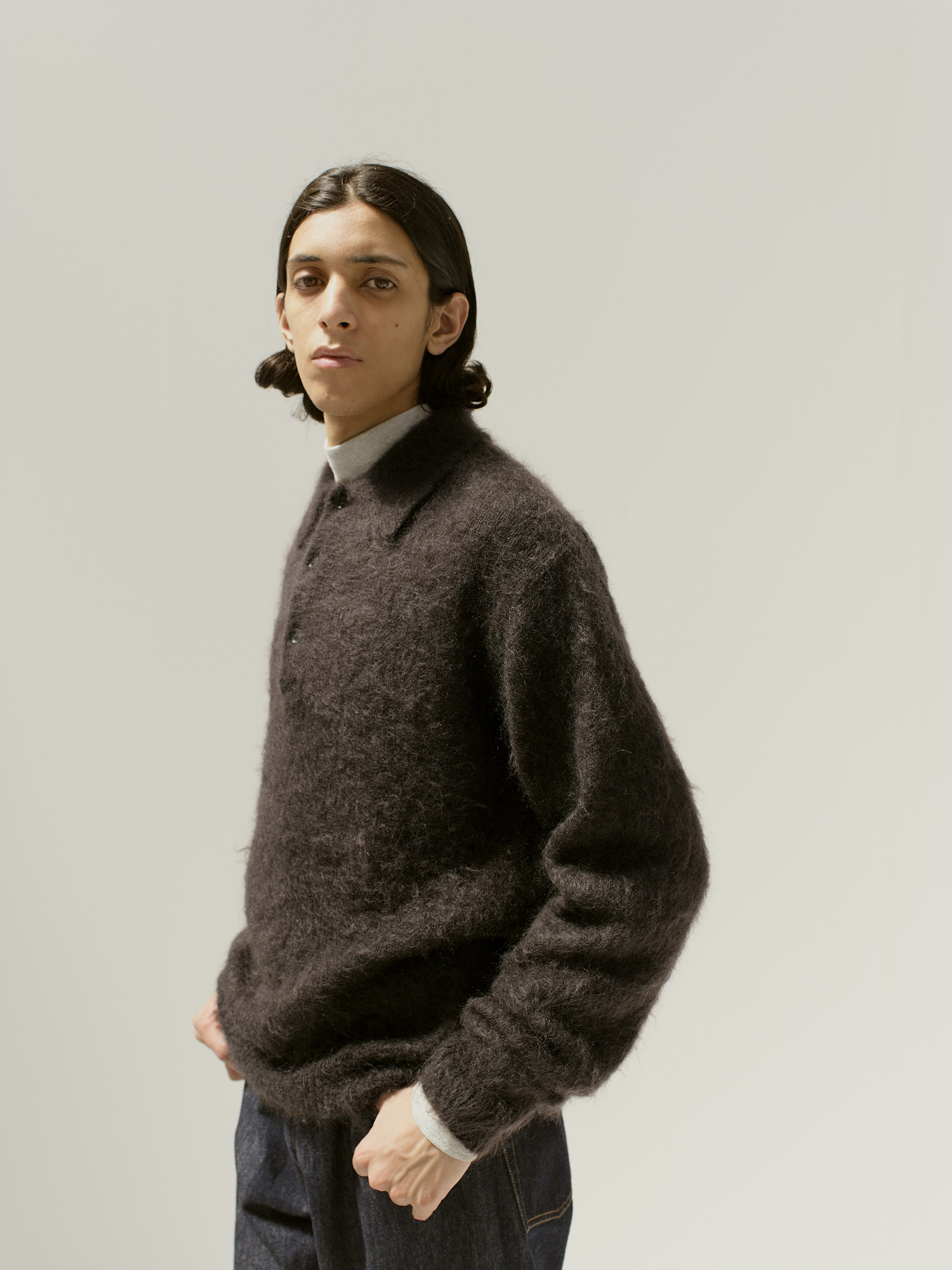 BRUSHED SUPER KID MOHAIR KNIT POLO 詳細画像 DARK BROWN 6