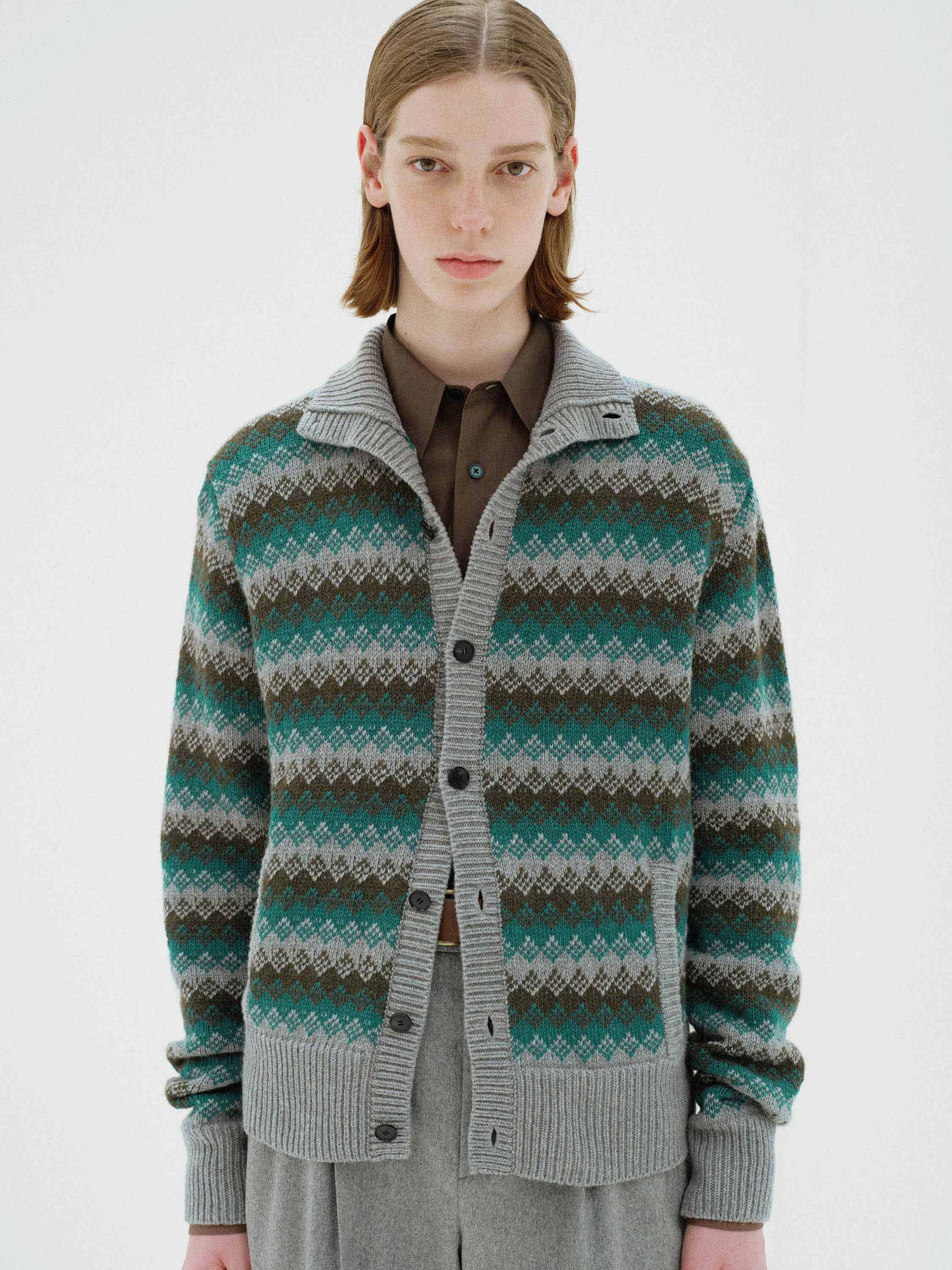 CASHMERE JACQUARD KNIT HIGH-NECK CARDIGAN 詳細画像 GRAY GREEN 3