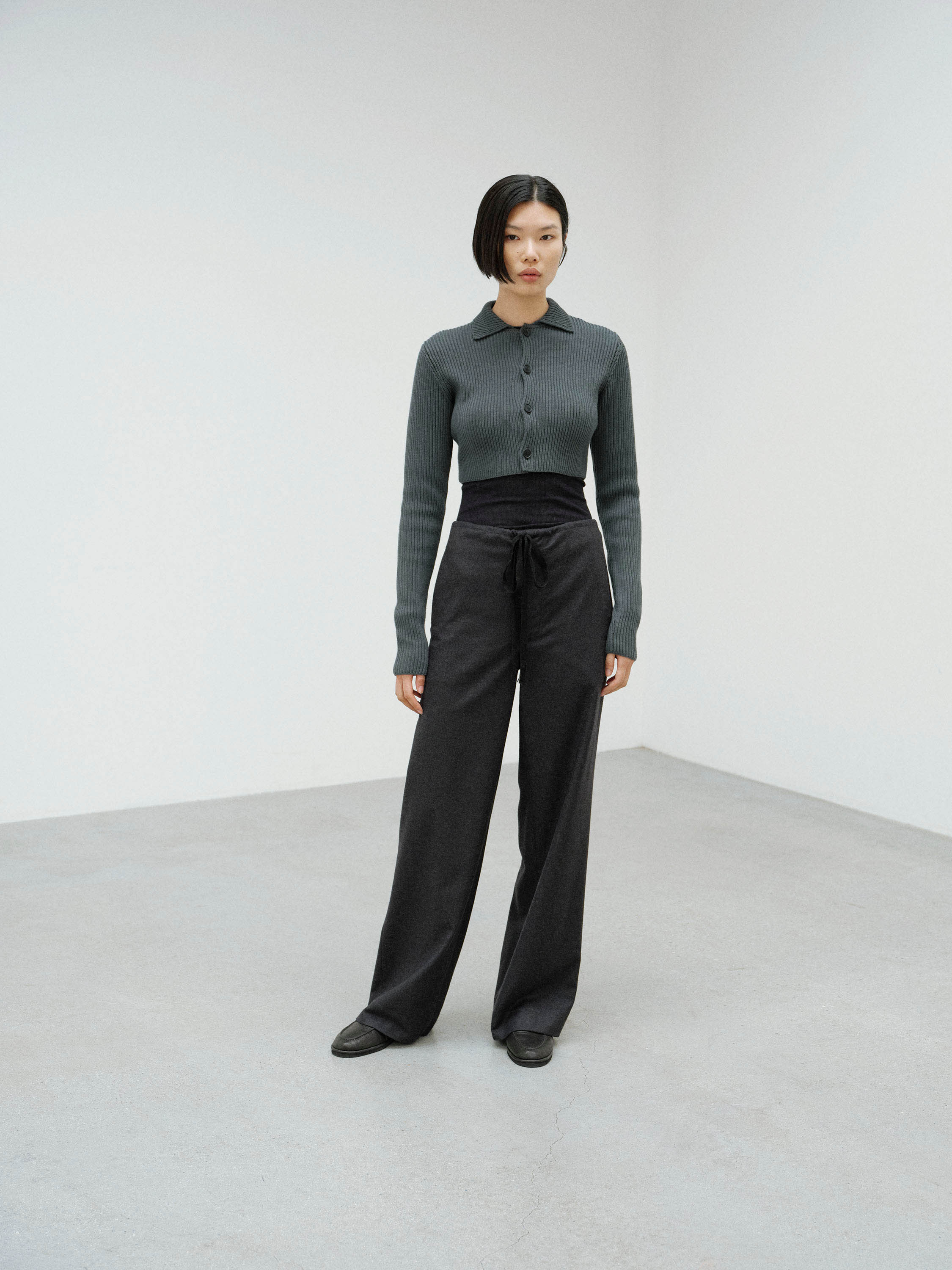 SUPER FINE WOOL SOFT RIB KNIT CROPPED SHIRT CARDIGAN 詳細画像 GRAY 2