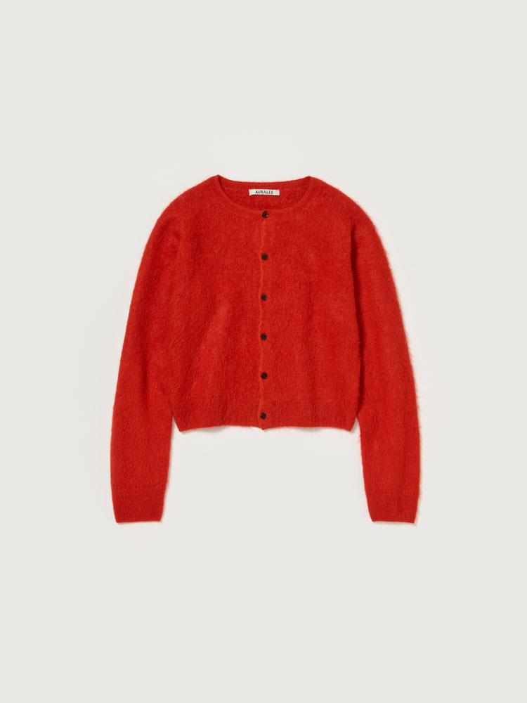 GARMENT-DYED BABY ALPACA FUR KNIT CREW-NECK CARDIGAN