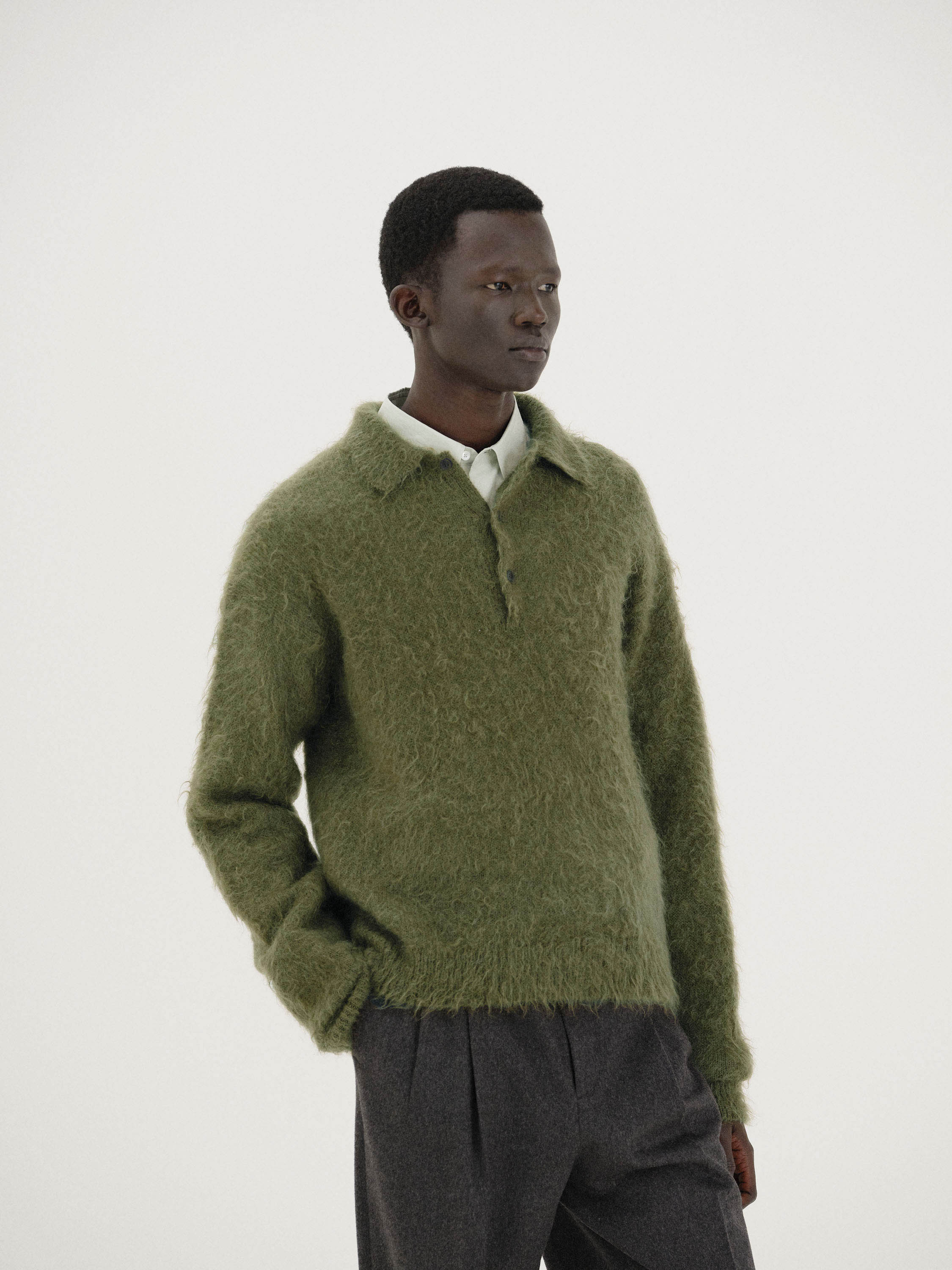 BRUSHED SUPER KID MOHAIR KNIT POLO 詳細画像 OLIVE 2
