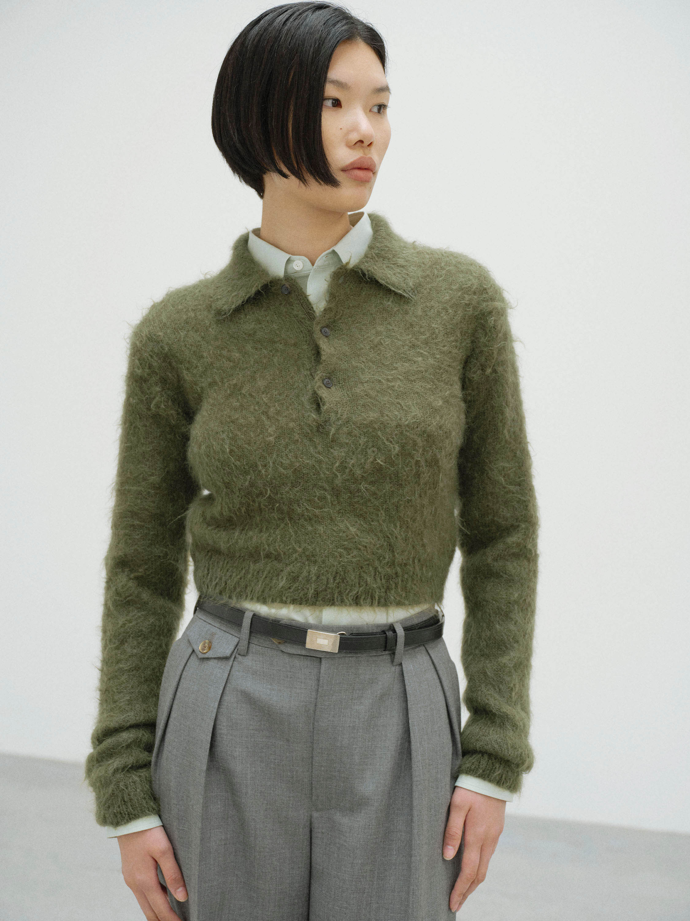 BRUSHED SUPER KID MOHAIR KNIT POLO 詳細画像 OLIVE 1