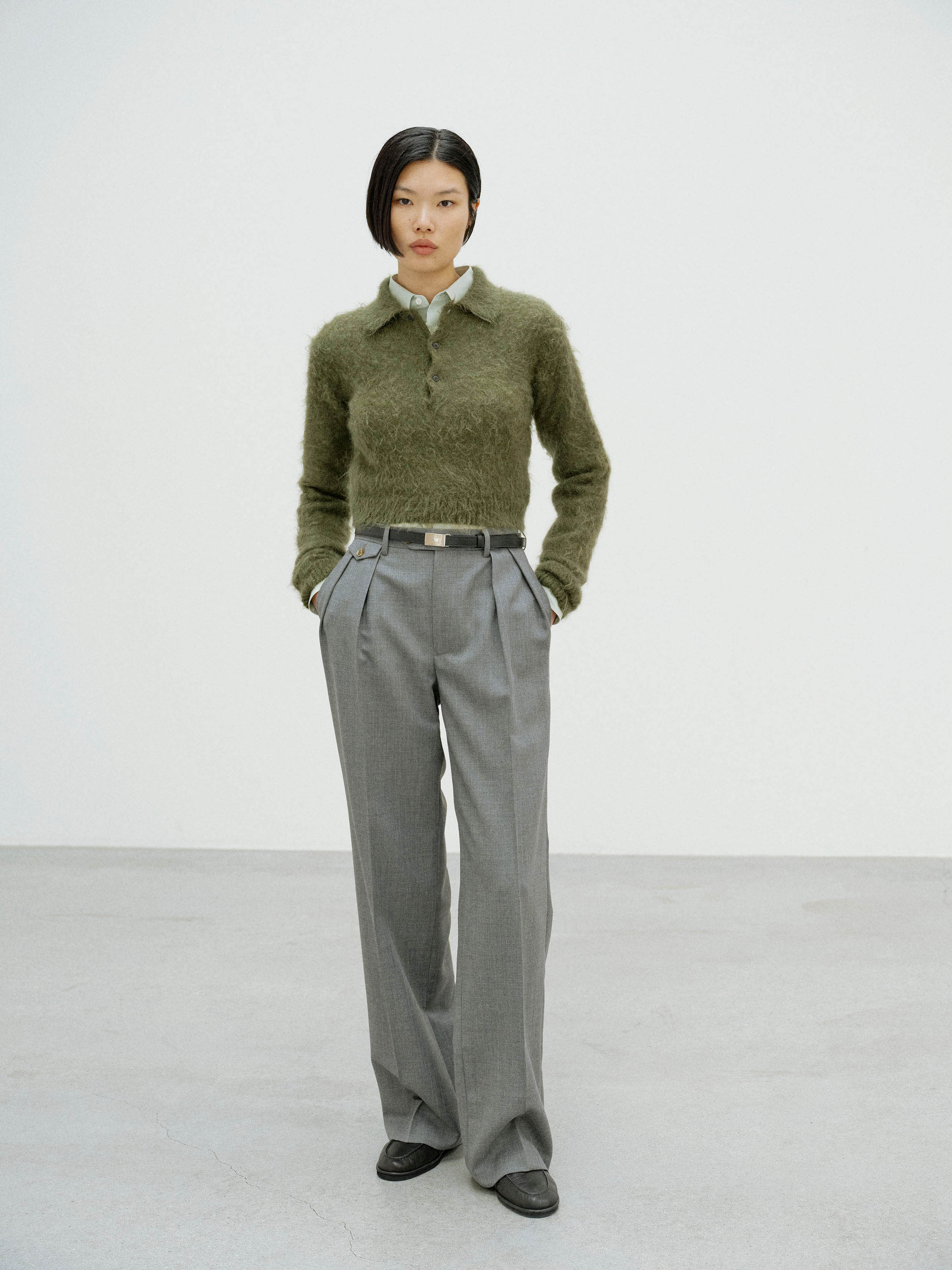 BRUSHED SUPER KID MOHAIR KNIT POLO 詳細画像 OLIVE 2