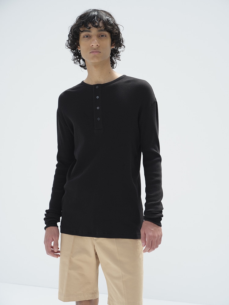 Auralee Organic Soft Rib Henley Neck Long Sleeve Tee in