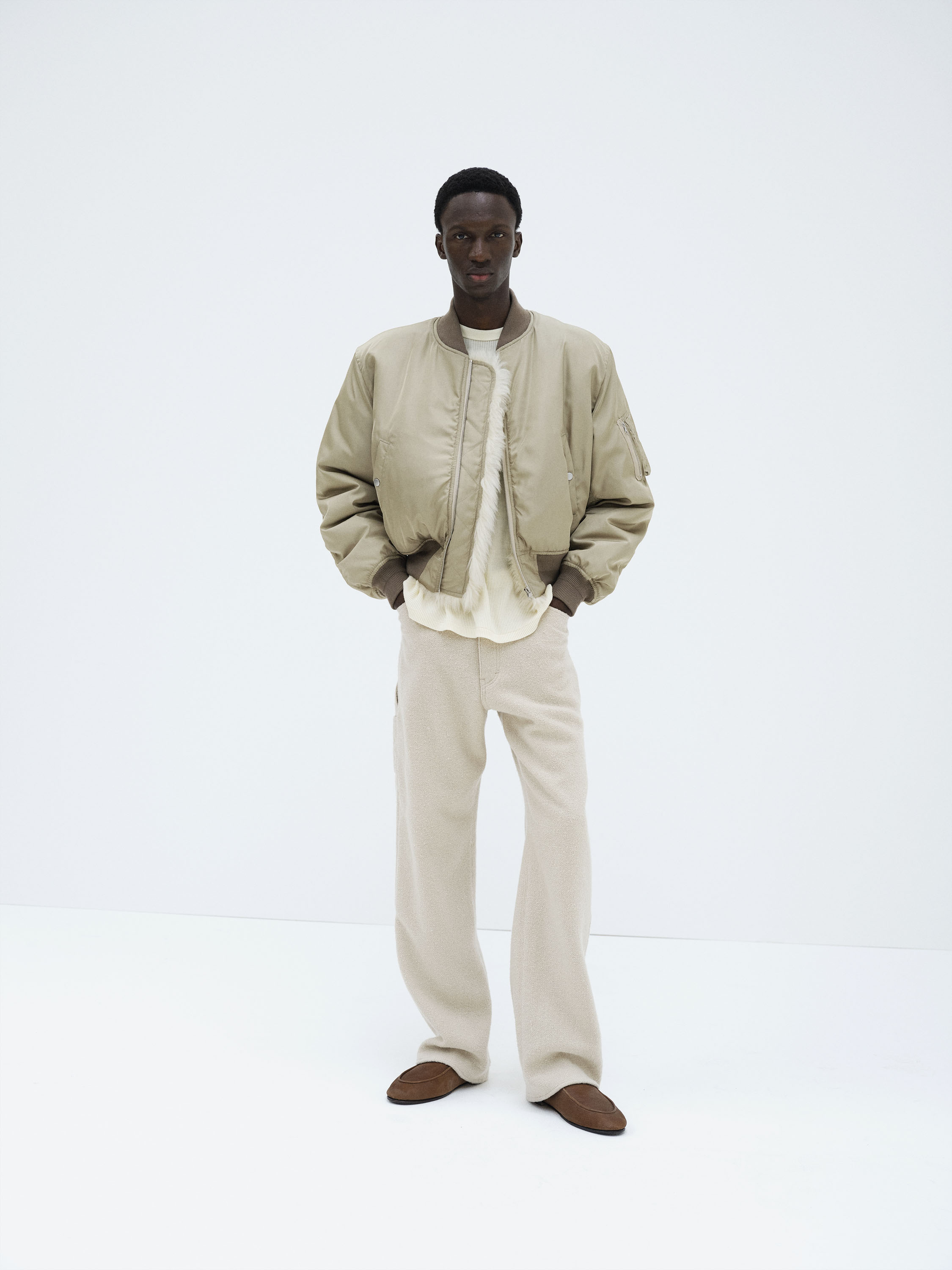 SILK TWILL FLIGHT BLOUSON / MERINO MOUTON LINING 詳細画像 LIGHT KHAKI × IVORY BEIGE 1