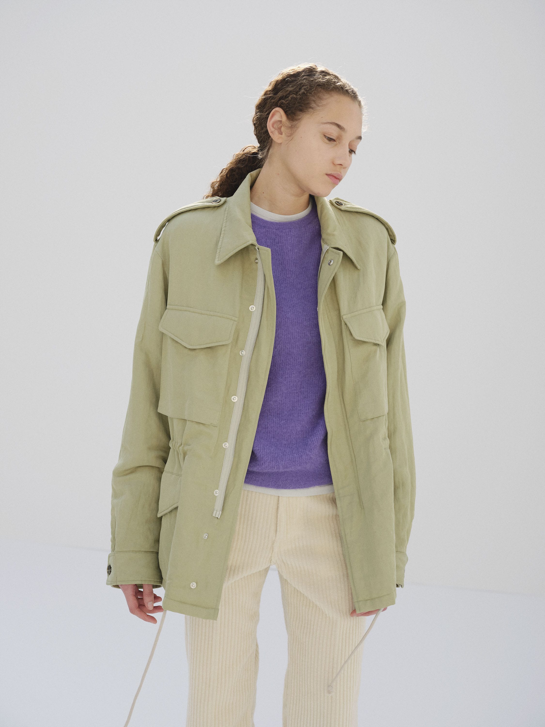 BRUSHED SILK LINEN SATIN PADDED MILITARY BLOUSON 詳細画像 LIGHT KHAKI 1