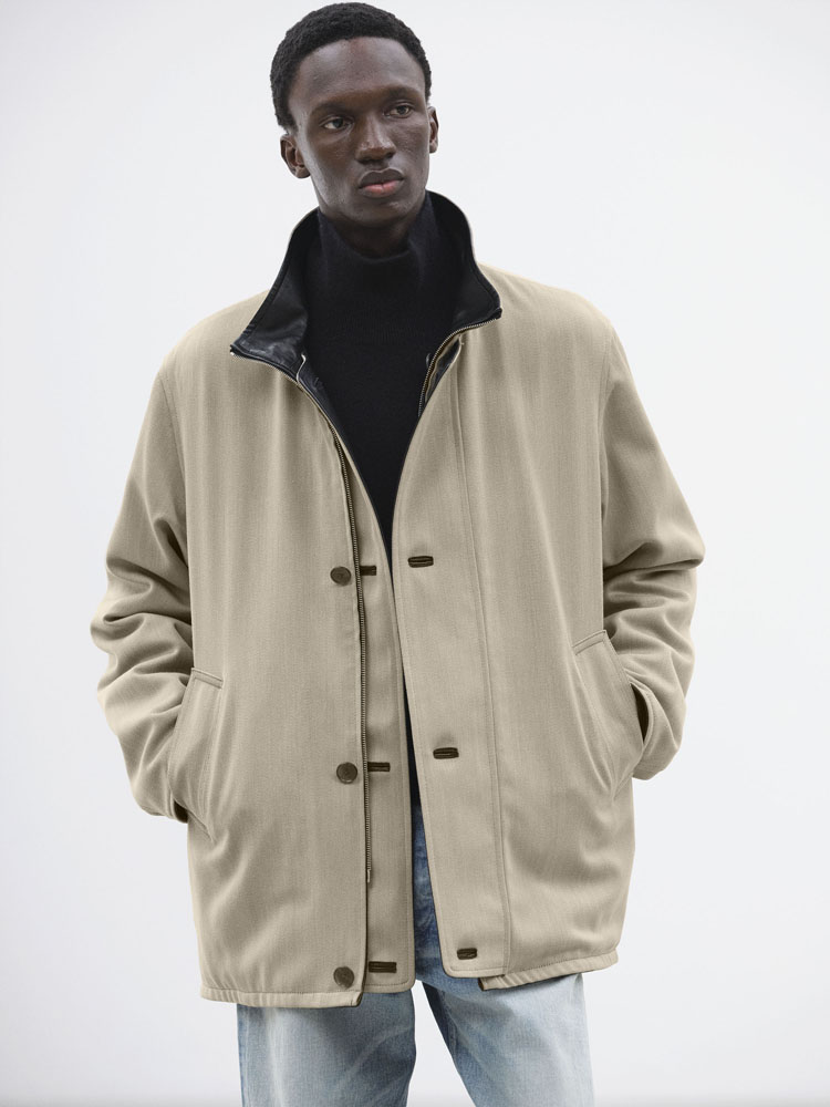 REVERSIBLE WOOL TWISTED TWILL / SHEEP LEATHER HALF COAT