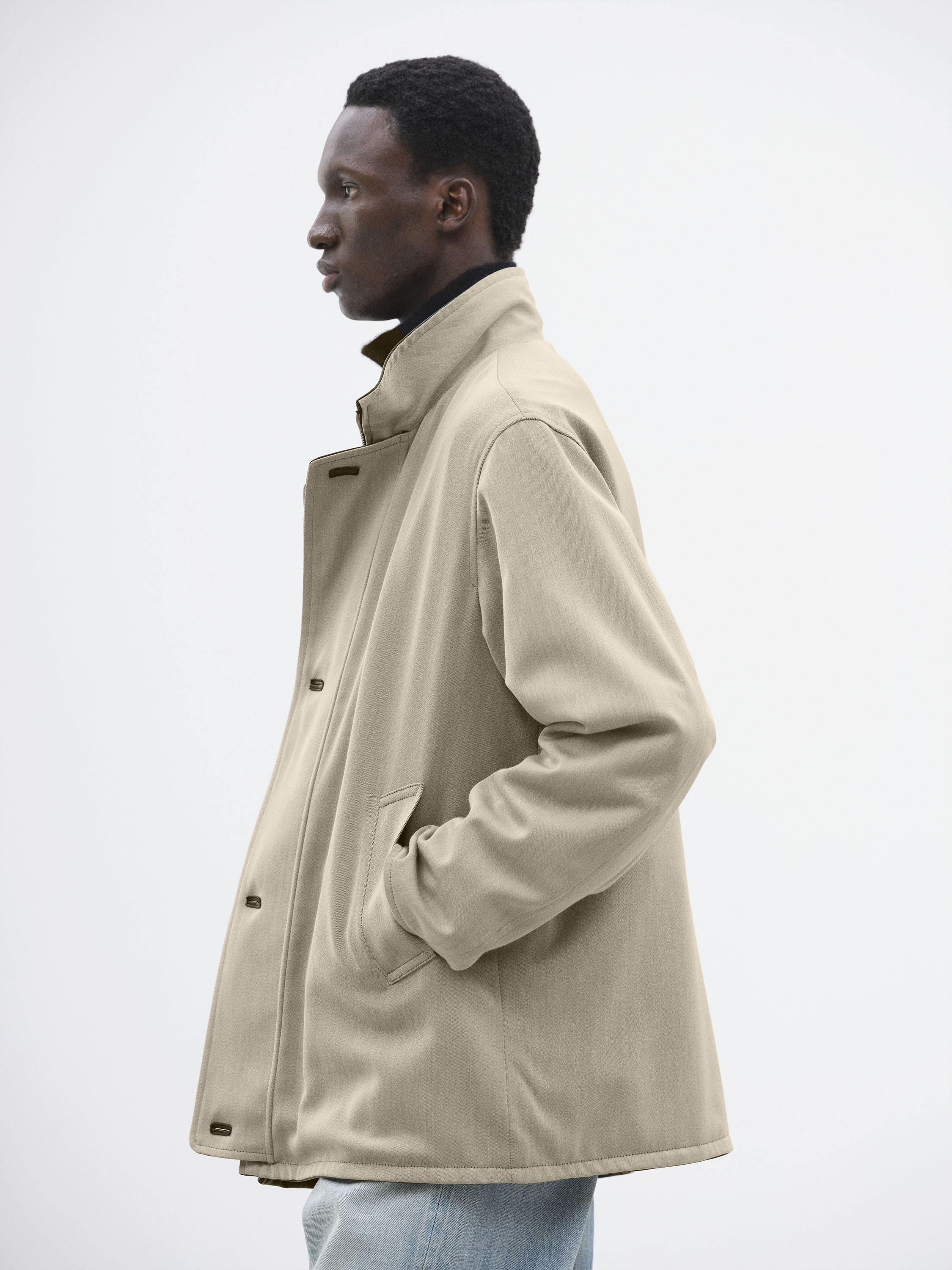 REVERSIBLE WOOL TWISTED TWILL / SHEEP LEATHER HALF COAT 詳細画像 KHAKI BEIGE CHAMBRAY × BLACK 2