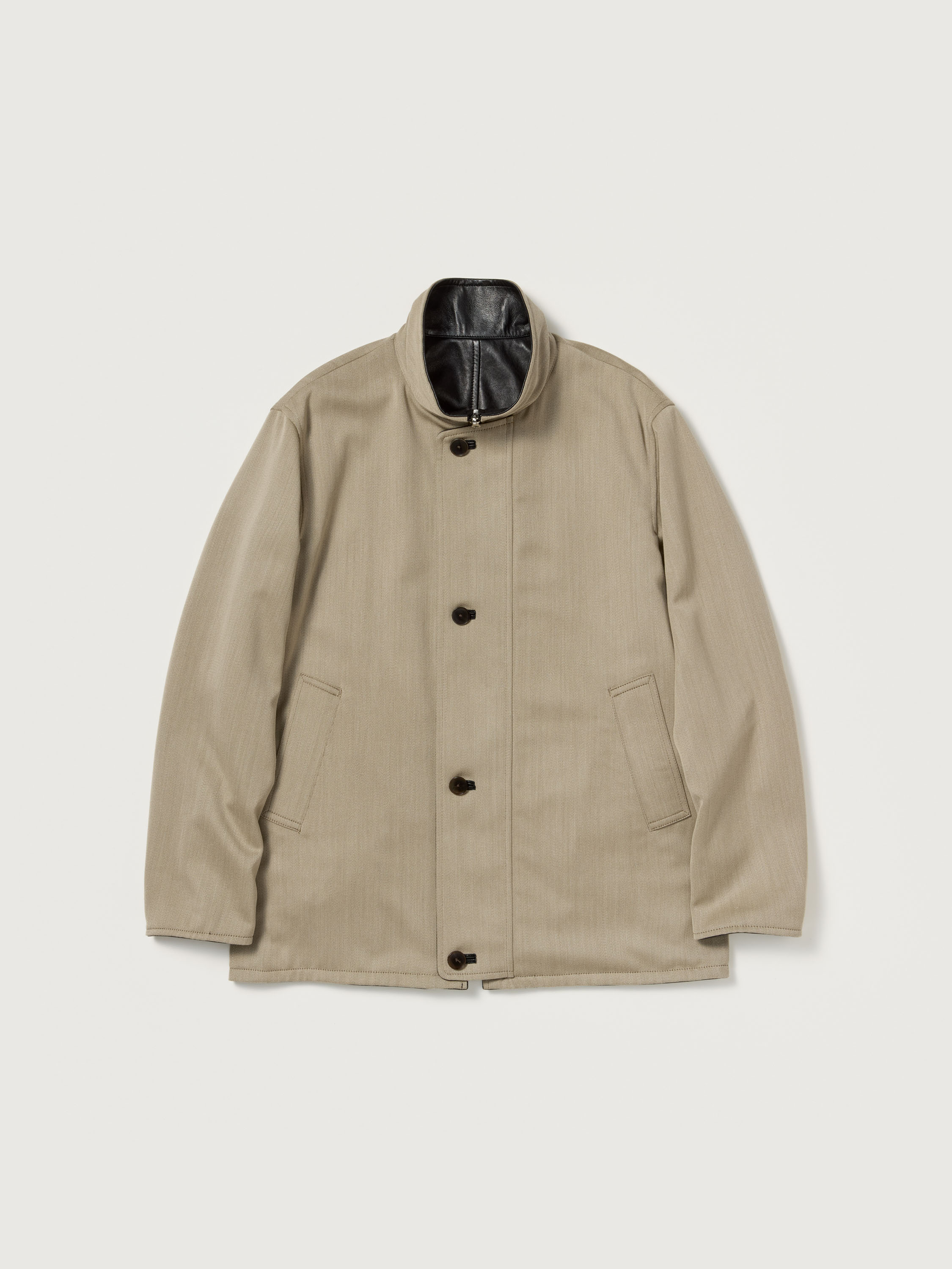 REVERSIBLE WOOL TWISTED TWILL / SHEEP LEATHER HALF COAT 詳細画像 KHAKI BEIGE CHAMBRAY × BLACK 7