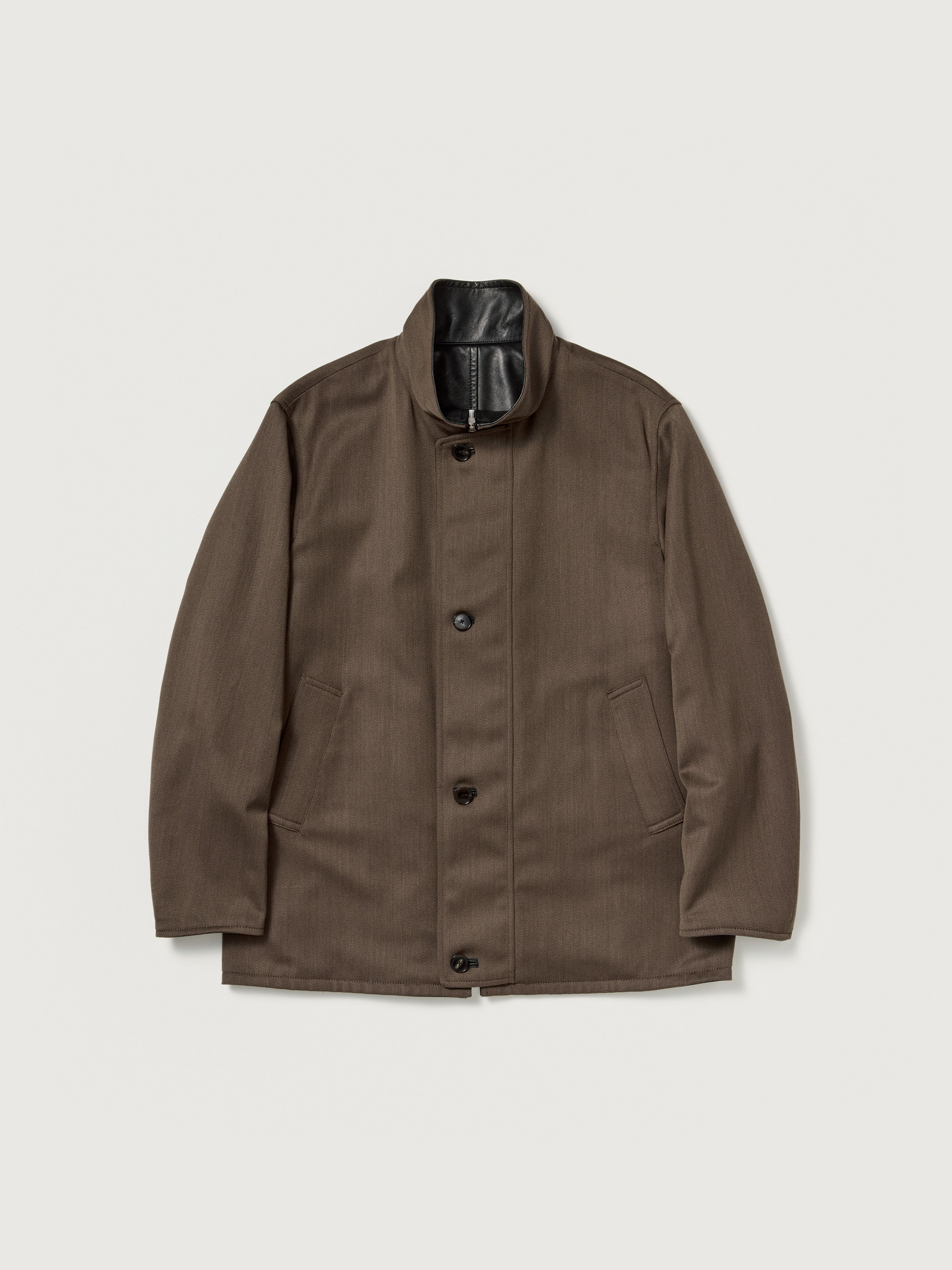 REVERSIBLE WOOL TWISTED TWILL / SHEEP LEATHER HALF COAT 詳細画像 BROWN CHAMBRAY × BLACK 1