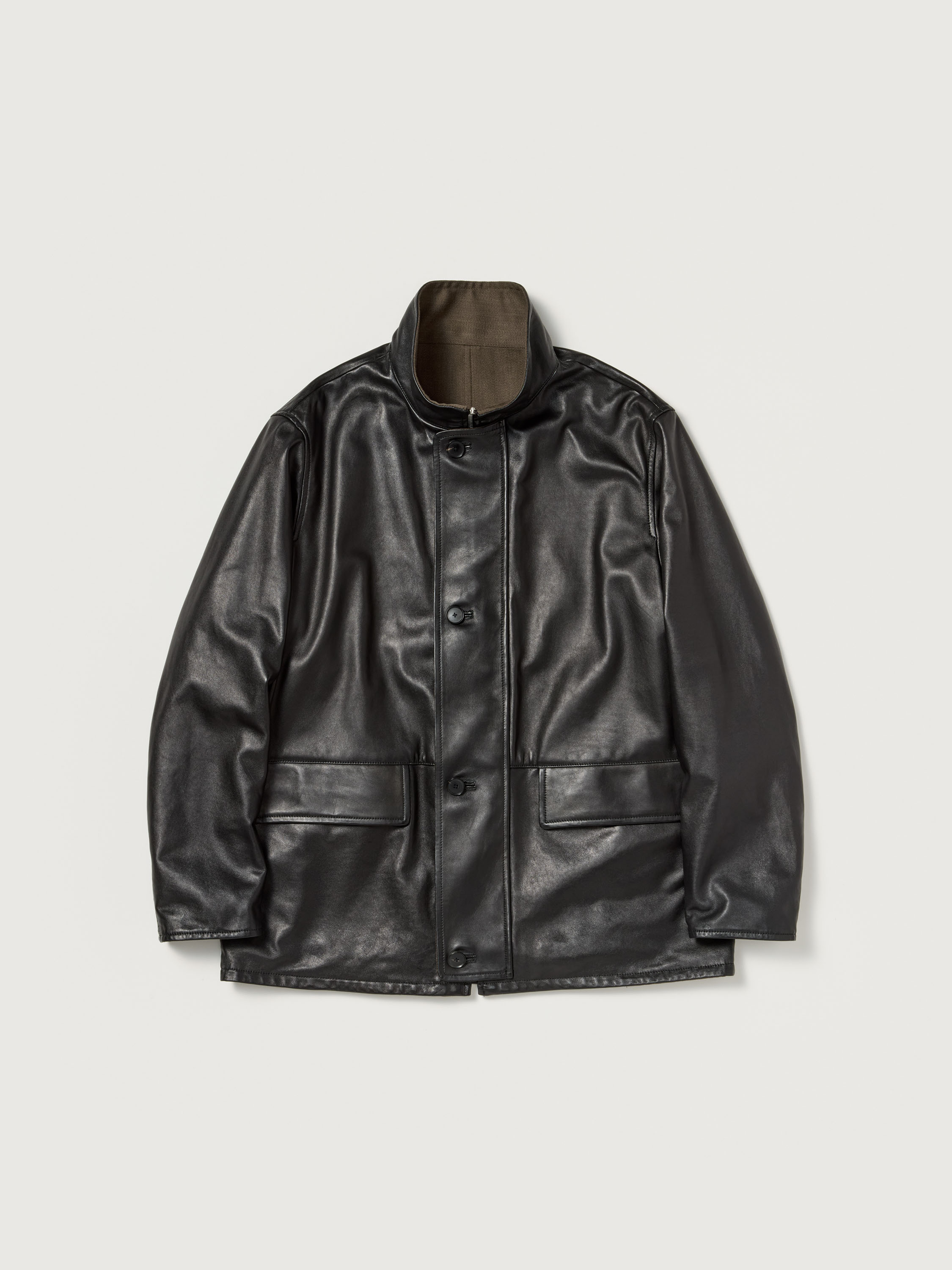 REVERSIBLE WOOL TWISTED TWILL / SHEEP LEATHER HALF COAT 詳細画像 BROWN CHAMBRAY × BLACK 2