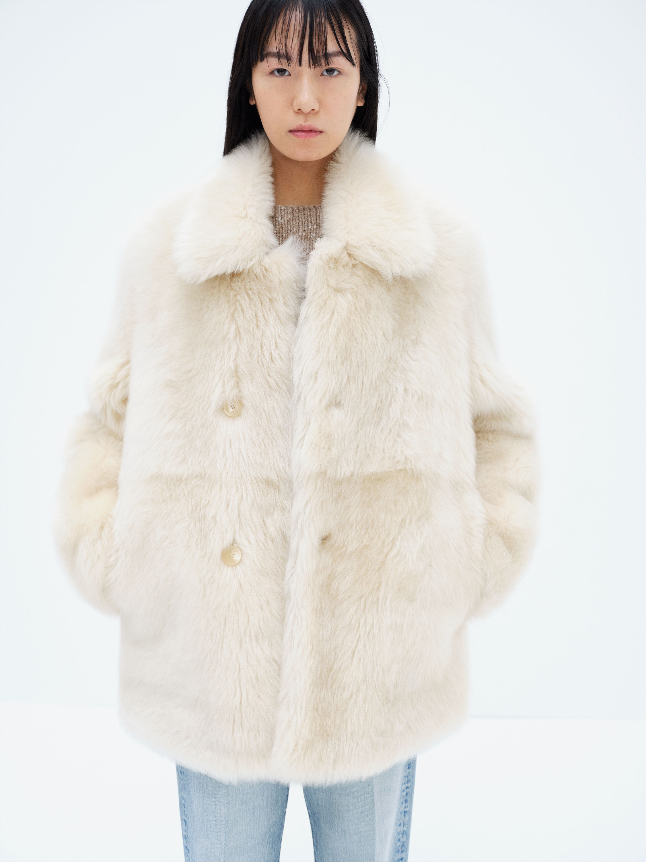 LONG HAIRED MERINO MOUTON SHORT COAT 詳細画像 IVORY BEIGE 2