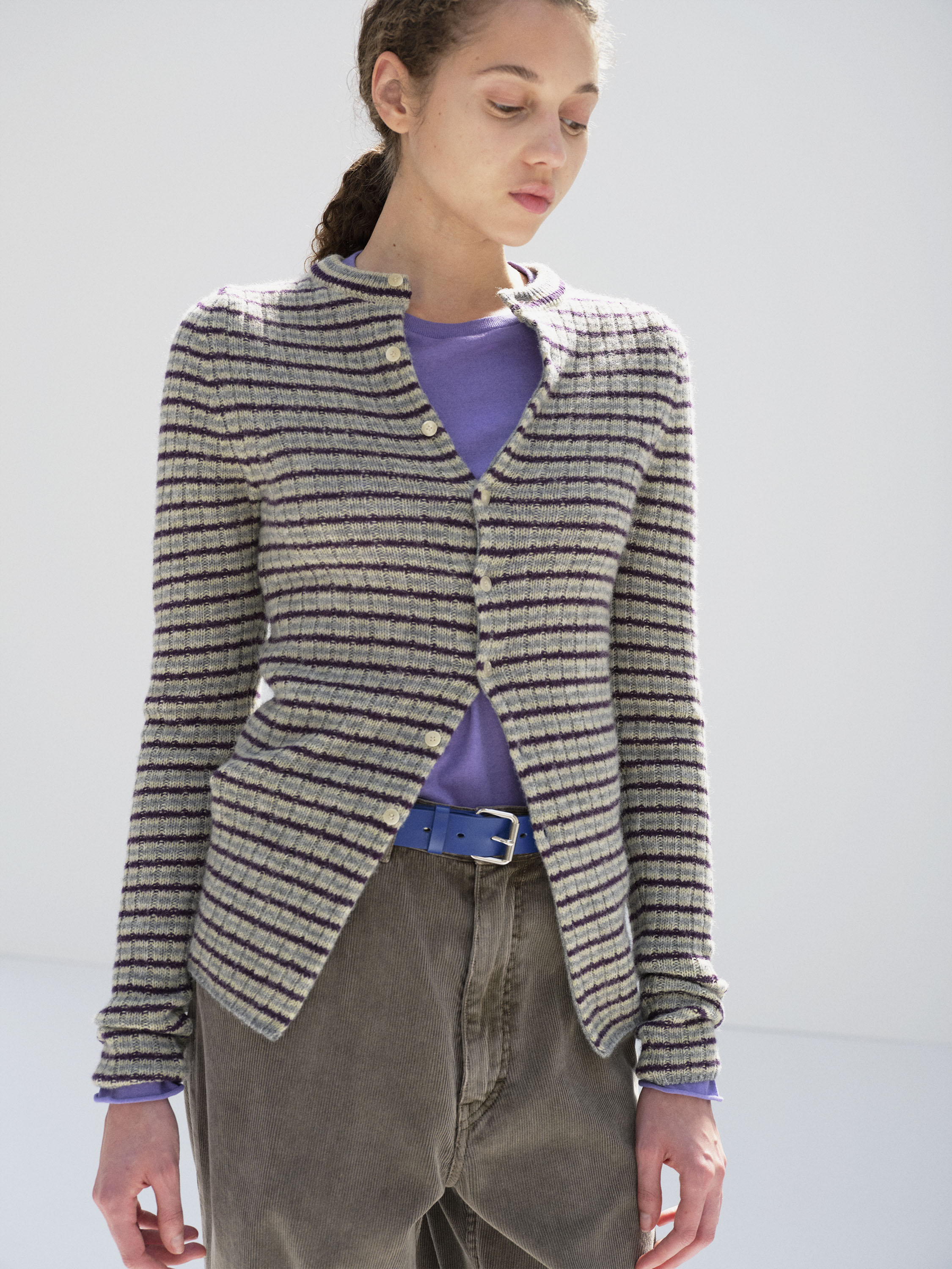 SHETLAND WOOL CASHMERE RIB KNIT CREW-NECK CARDIGAN 詳細画像 LIME PURPLE STRIPE 1