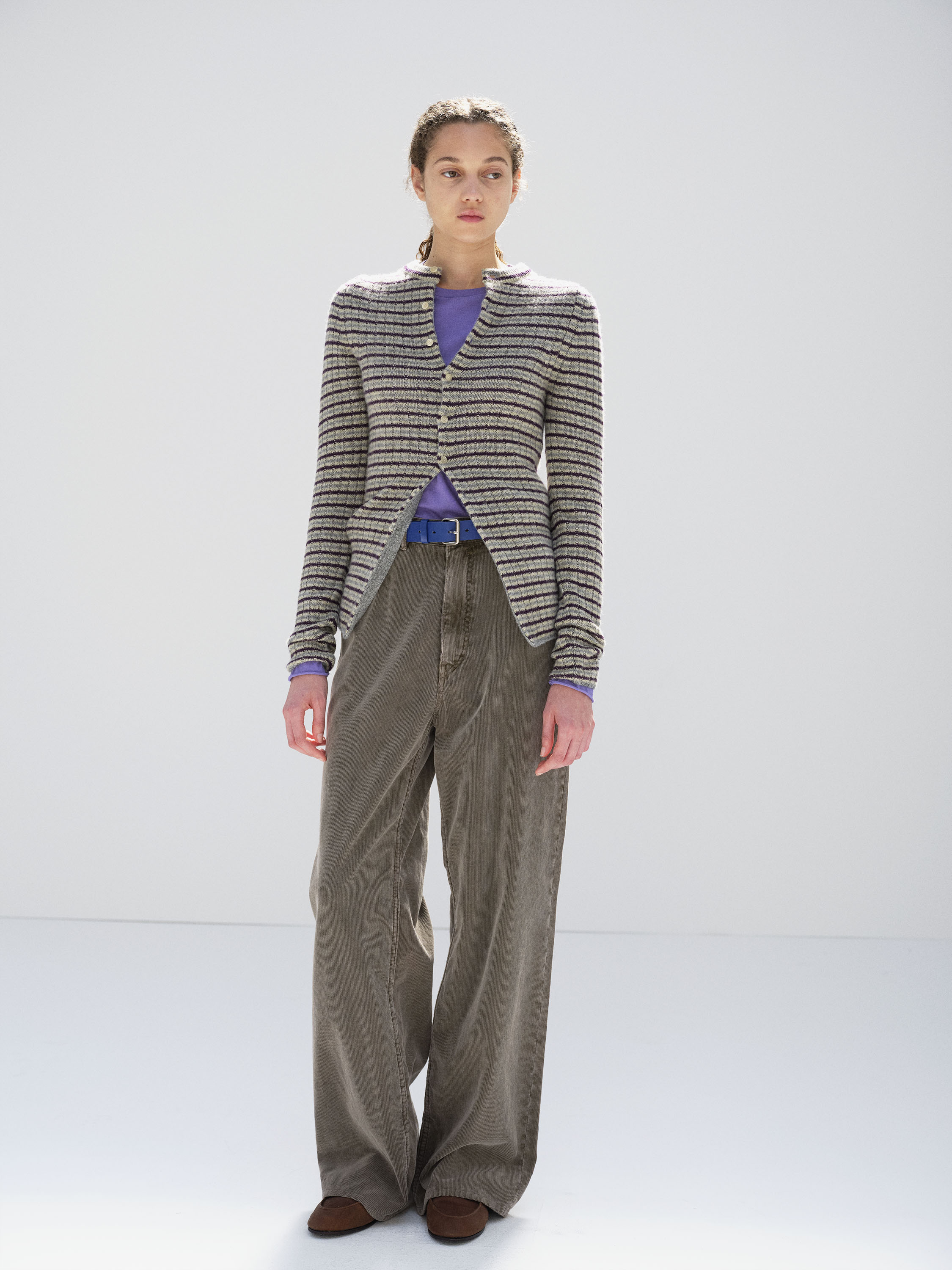 SHETLAND WOOL CASHMERE RIB KNIT CREW-NECK CARDIGAN 詳細画像 LIME PURPLE STRIPE 2