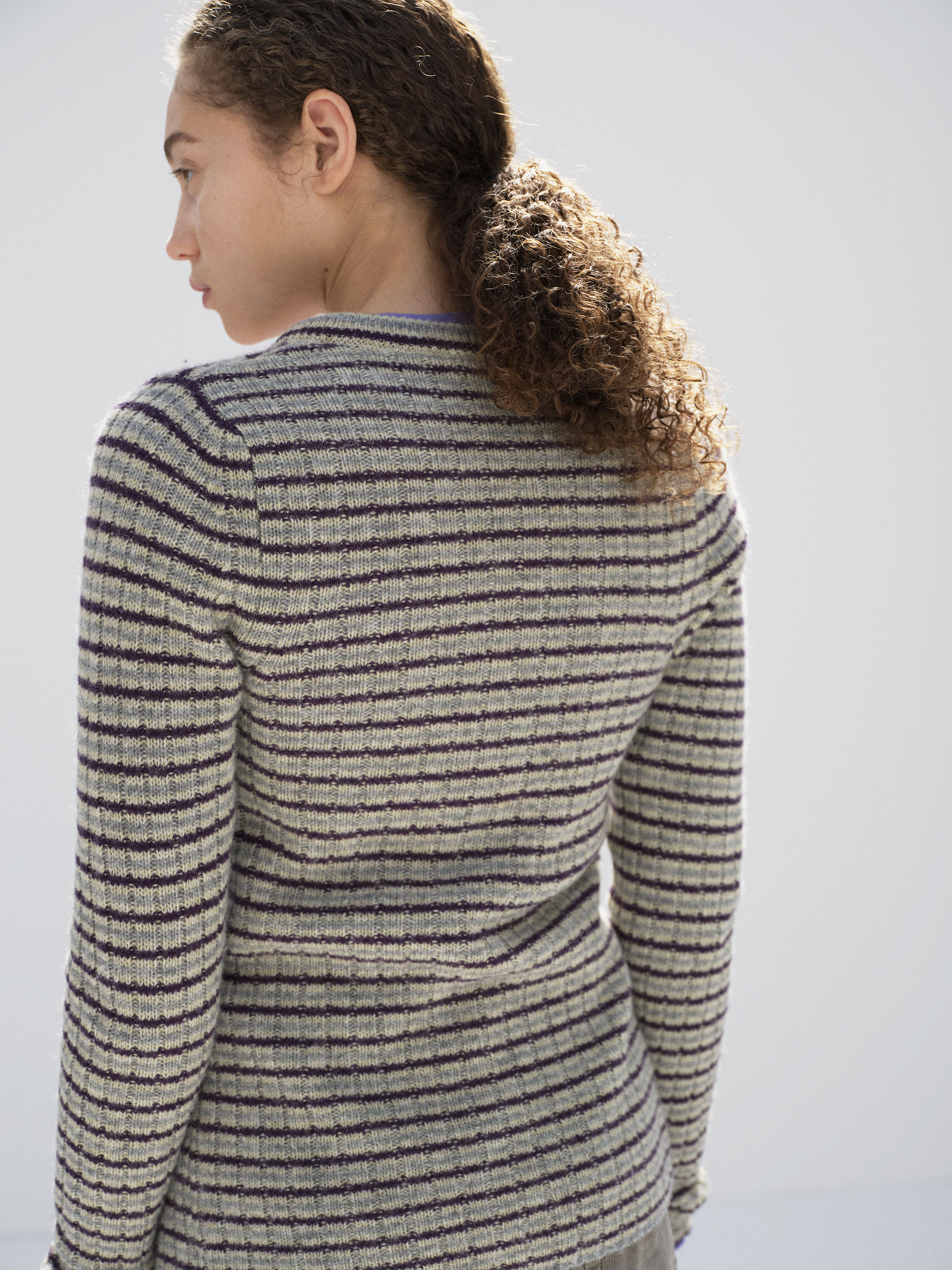 SHETLAND WOOL CASHMERE RIB KNIT CREW-NECK CARDIGAN 詳細画像 LIME PURPLE STRIPE 4
