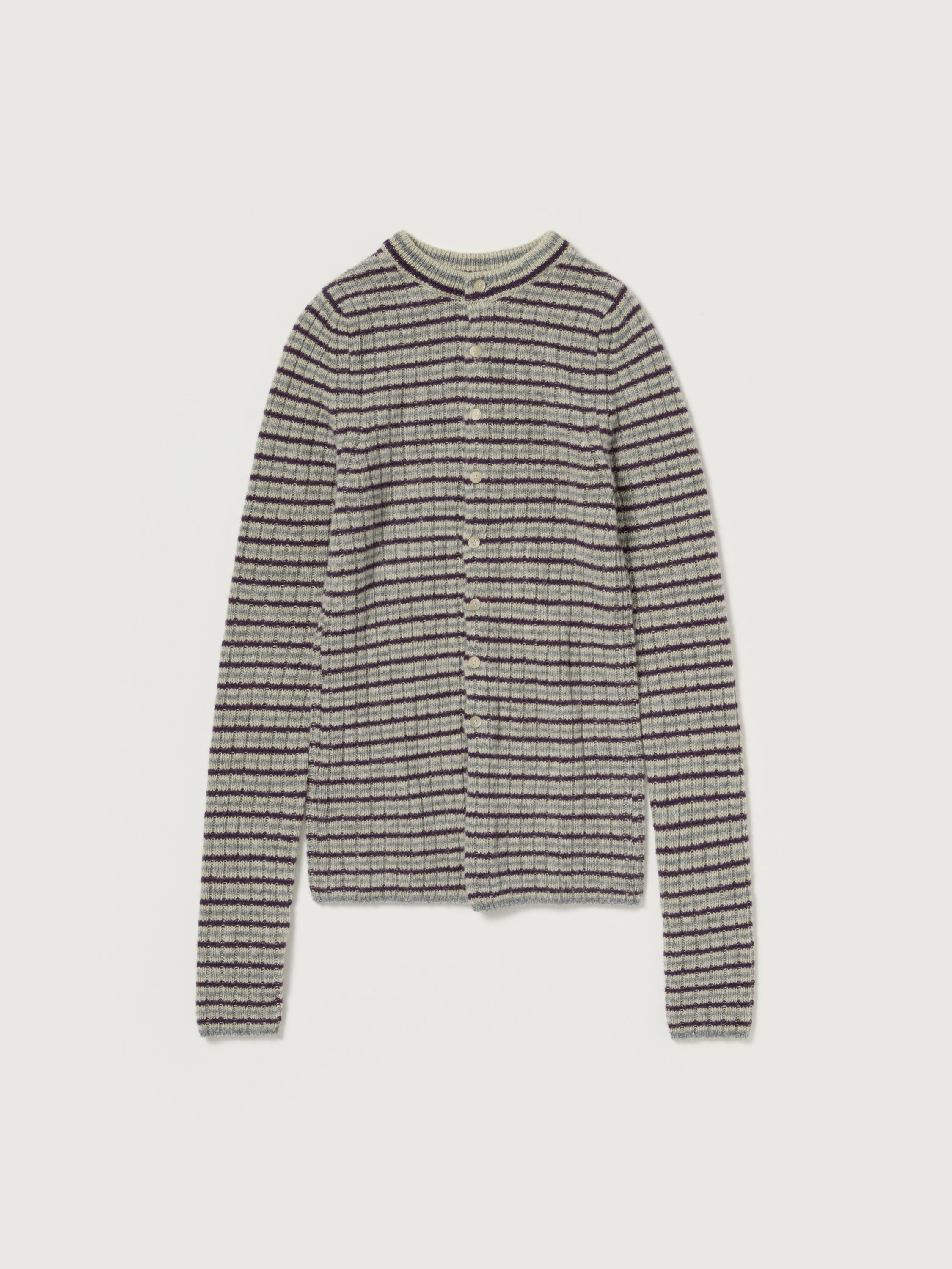 SHETLAND WOOL CASHMERE RIB KNIT CREW-NECK CARDIGAN 詳細画像 LIME PURPLE STRIPE 5