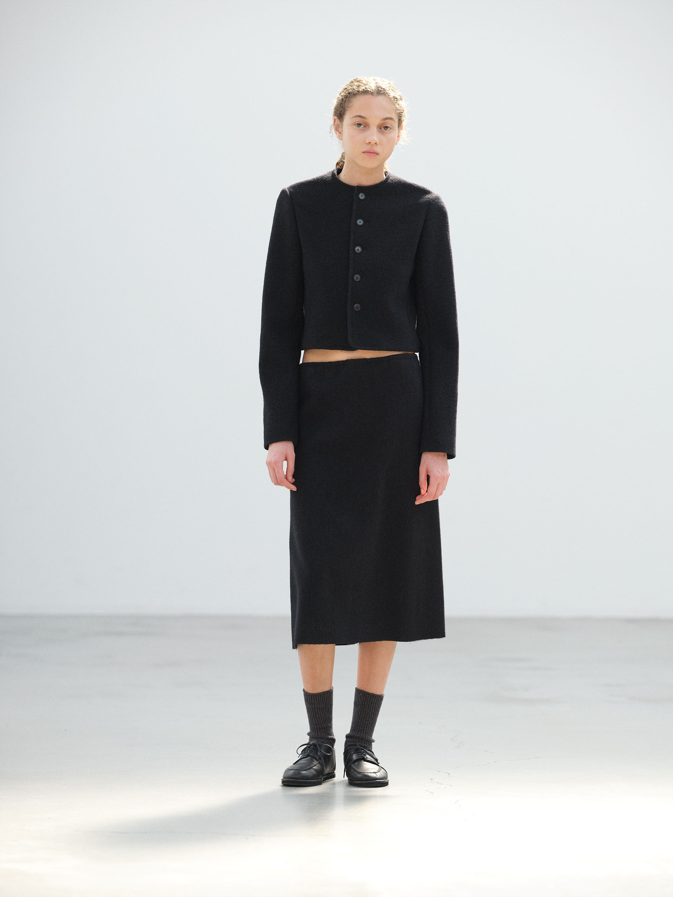 HEAVILY FULLED WOOL COTTON COLLARLESS JACKET 詳細画像 BLACK 2