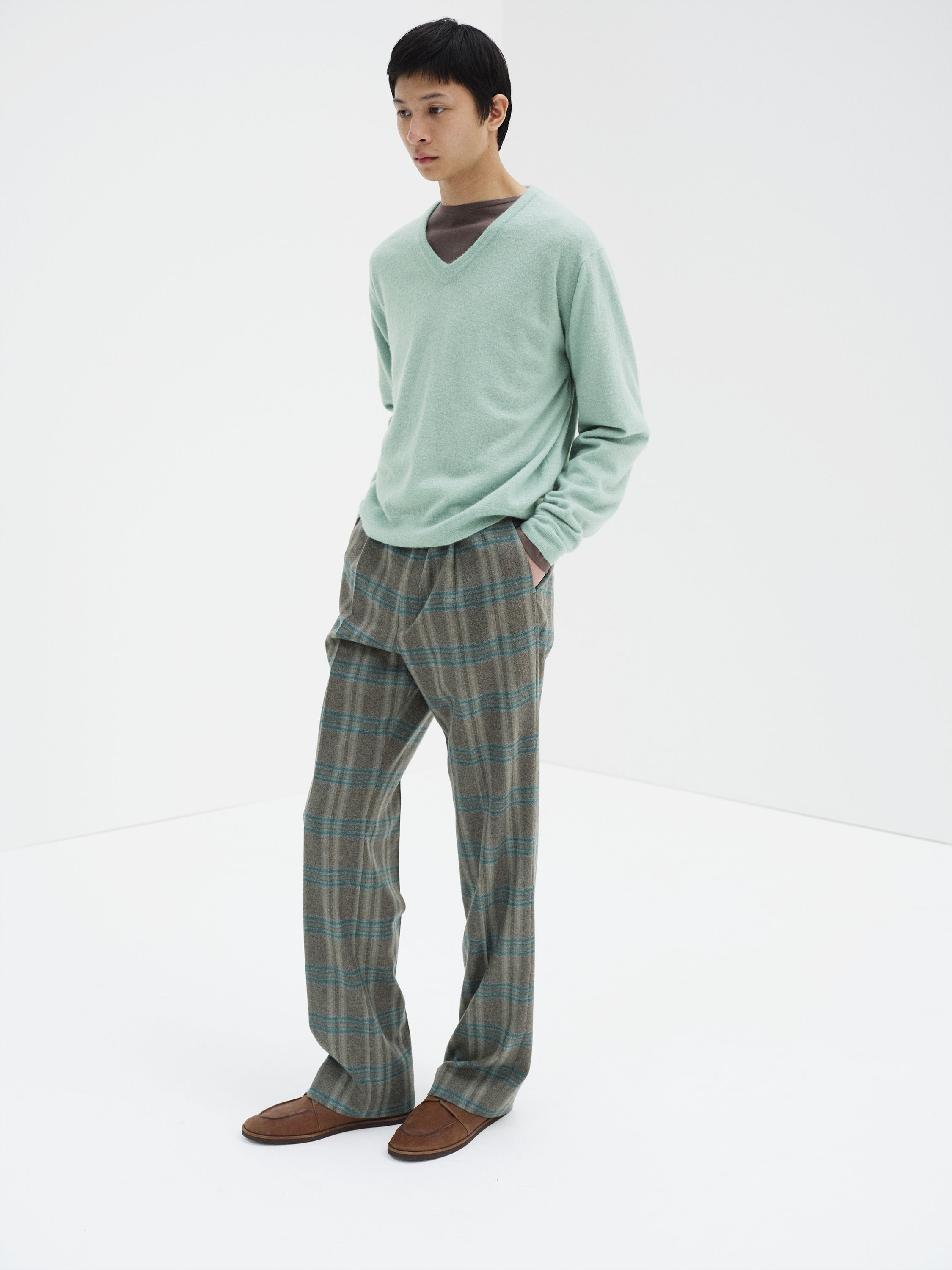 WOOL FULLING FLANNEL ONE-TUCK SLACKS 詳細画像 TOP BROWN GREEN CHECK 2
