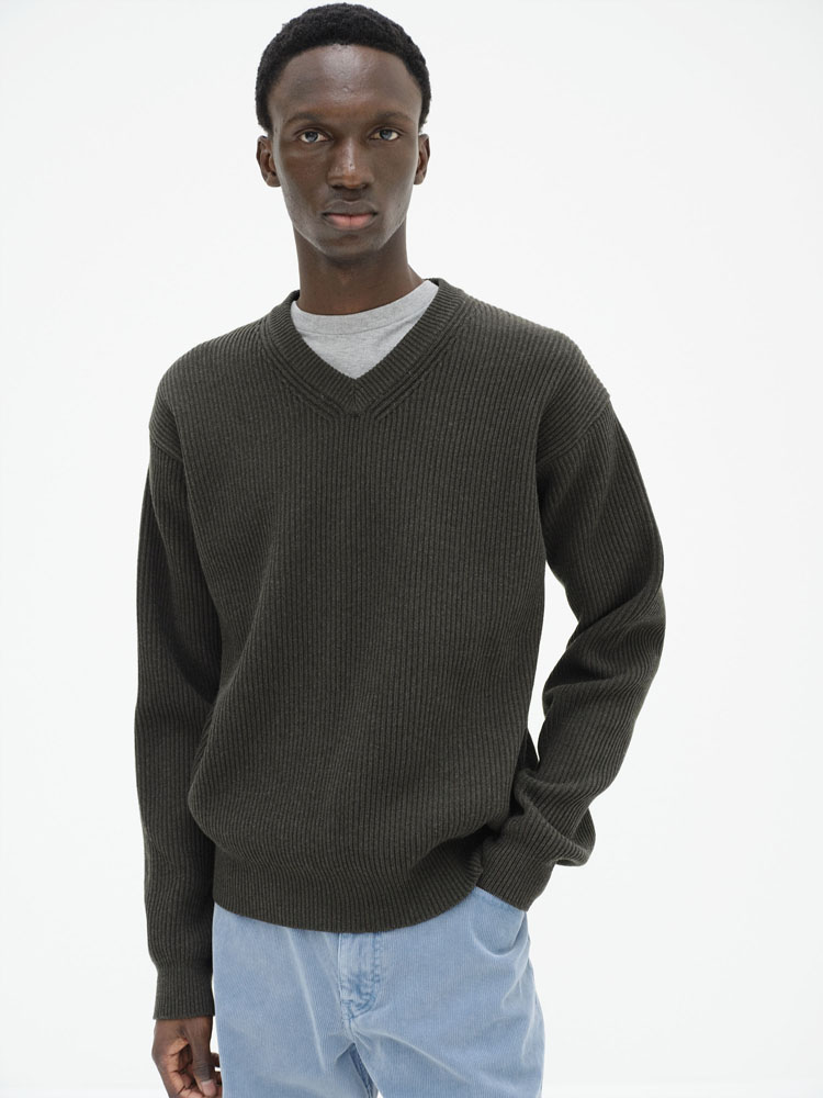 SUPER FINE WOOL RIB KNIT V-NECK P/O