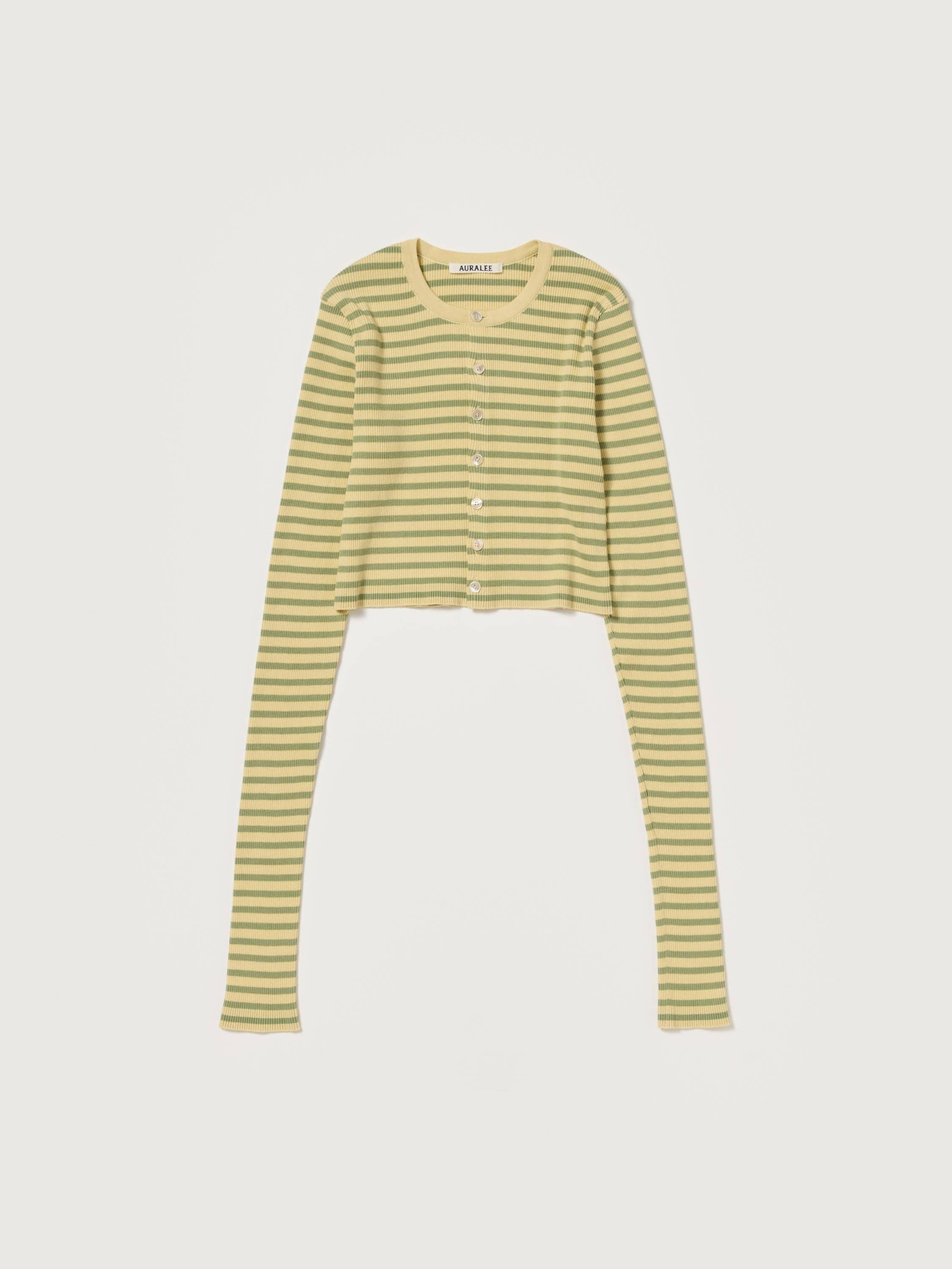 COTTON HIGH GAUGE RIB KNIT CROPPED CREW NECK CARDIGAN 詳細画像 LIGHT BEIGE &times; PALE GREEN STRIPE 4