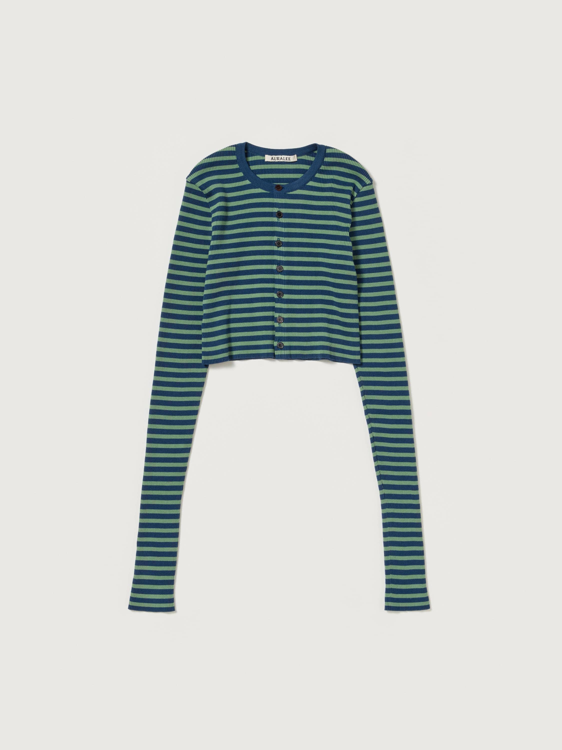 COTTON HIGH GAUGE RIB KNIT CROPPED CREW NECK CARDIGAN 詳細画像 PALE GREEN &times; NAVY STRIPE 1