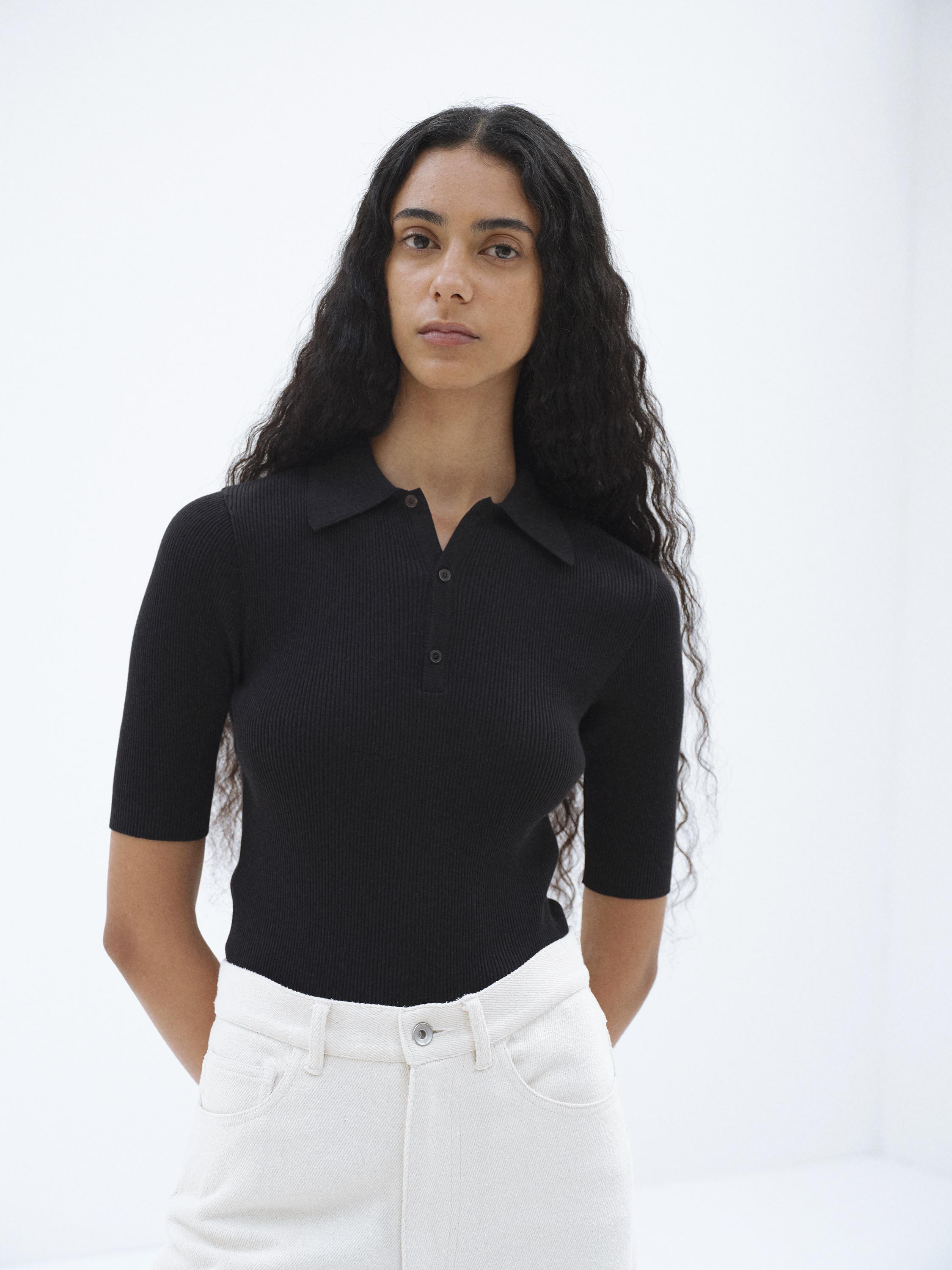 COTTON HIGH GAUGE RIB KNIT POLO 詳細画像 BLACK 1