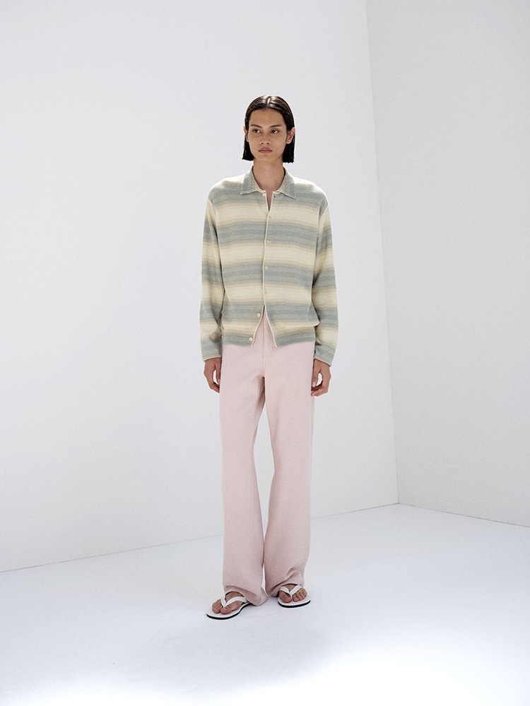 COTTON SILK GRADIENT STRIPE KNIT SHIRT CARDIGAN