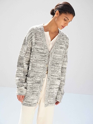 STRUCTURED COTTON LINEN PANEL KNIT CARDIGAN