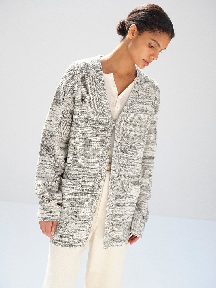STRUCTURED COTTON LINEN PANEL KNIT CARDIGAN