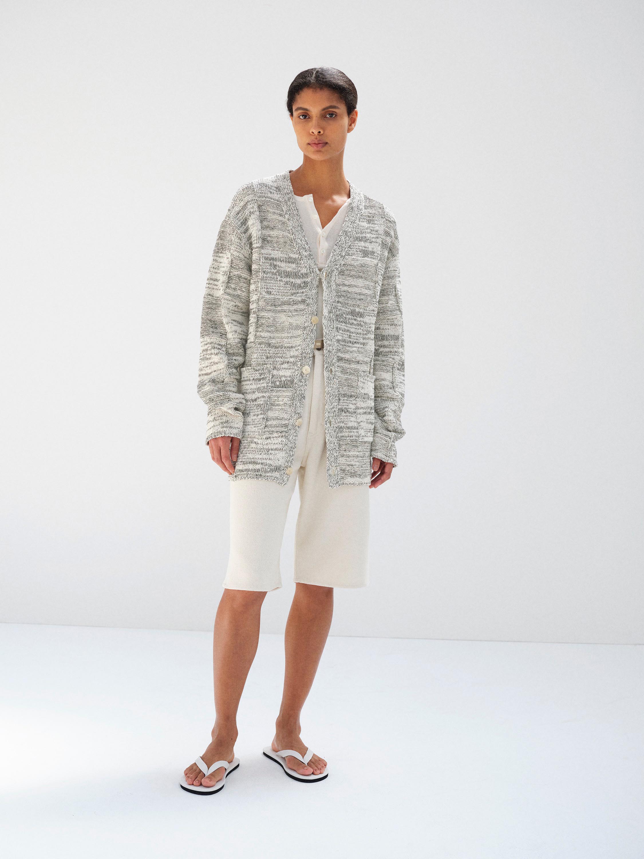 STRUCTURED COTTON LINEN PANEL KNIT CARDIGAN 詳細画像 OFF WHITE &times; BLACK 2