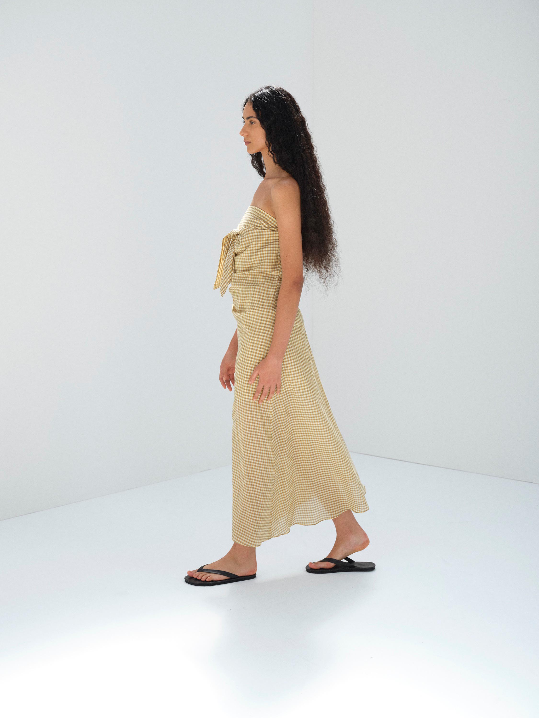 AIRY LIGHT COTTON CHECK STRAPLESS DRESS 詳細画像 MUSTARD GINGHAM CHECK 3