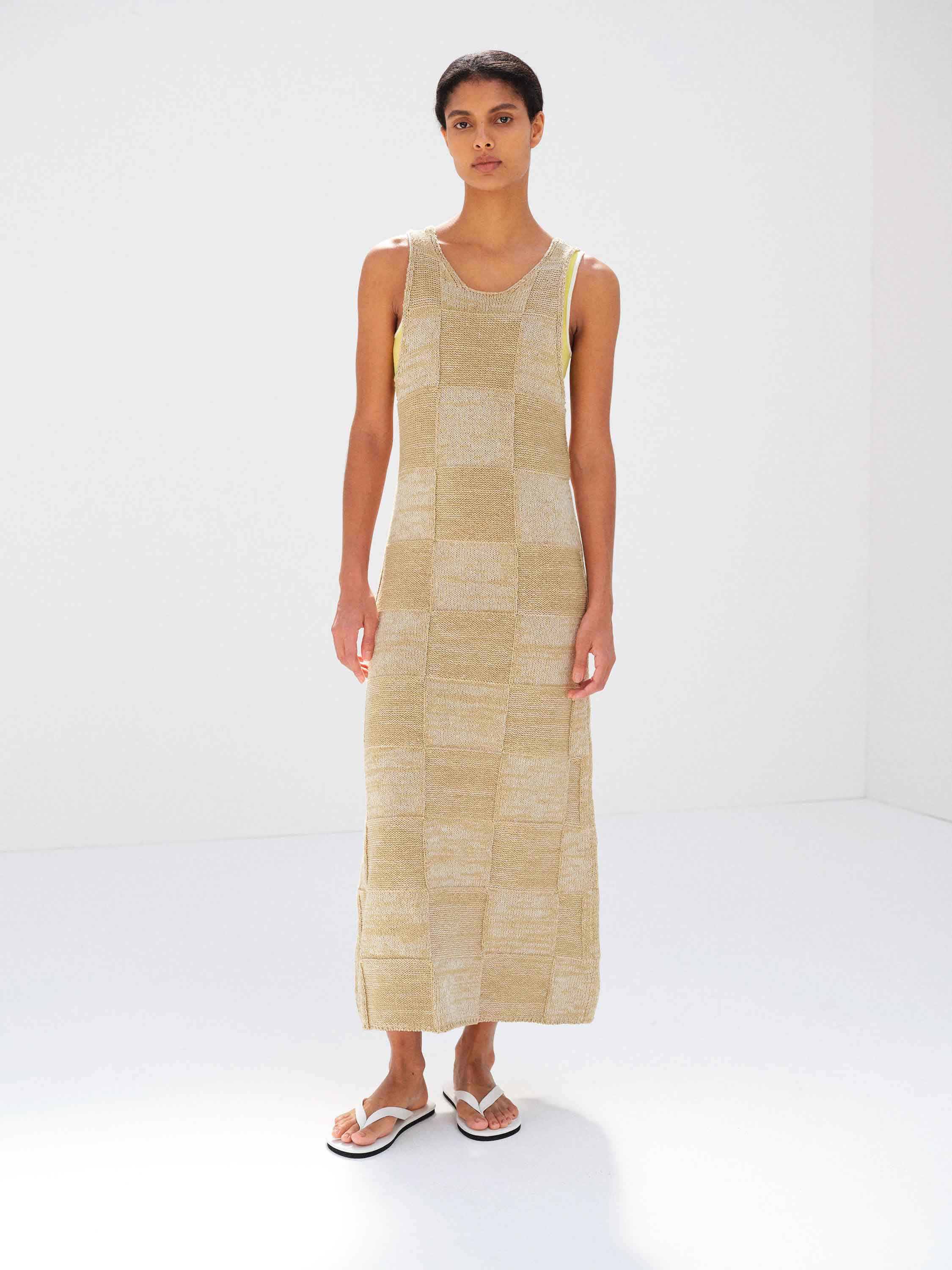 STRUCTURED COTTON LINEN PANEL KNIT DRESS 詳細画像 BROWN &times; BEIGE 1