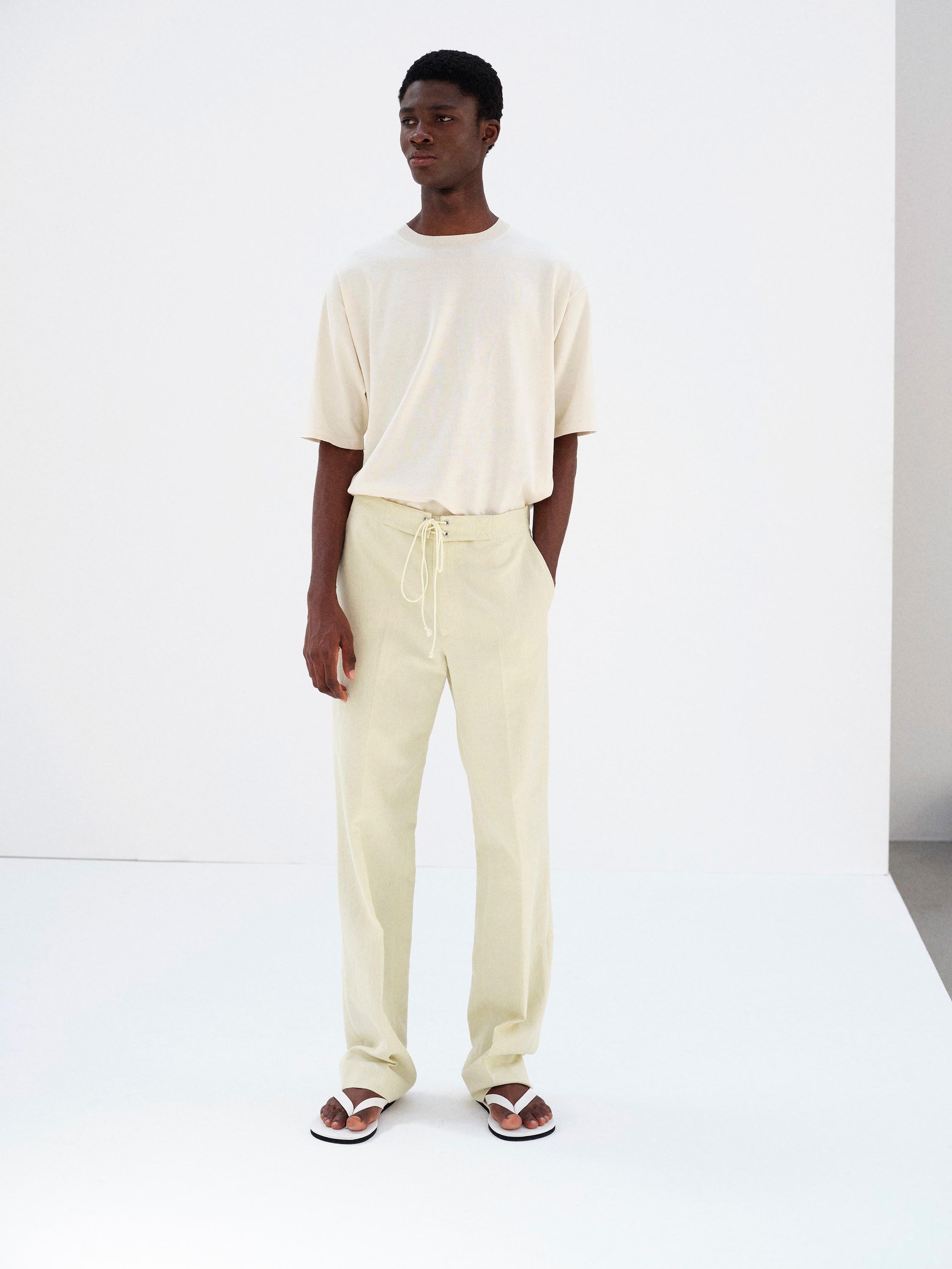 WOOL COTTON LINEN OX DRAWSTRING PANTS 詳細画像 LIME BEIGE 2