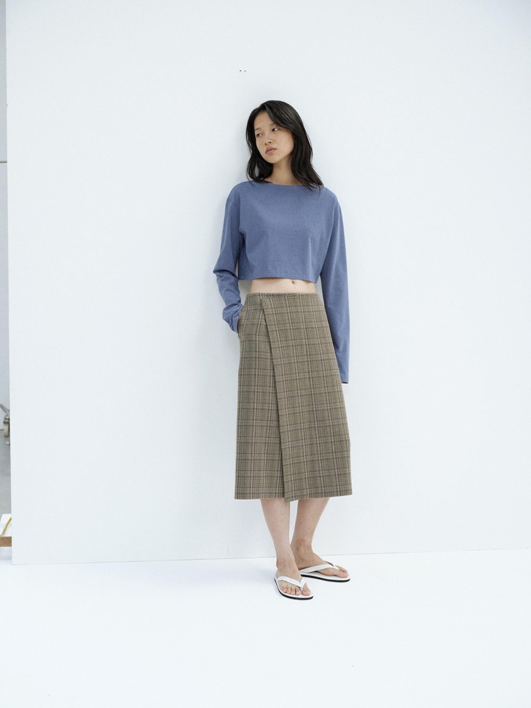 SILK LINEN NEP CHECK WRAP SKIRT
