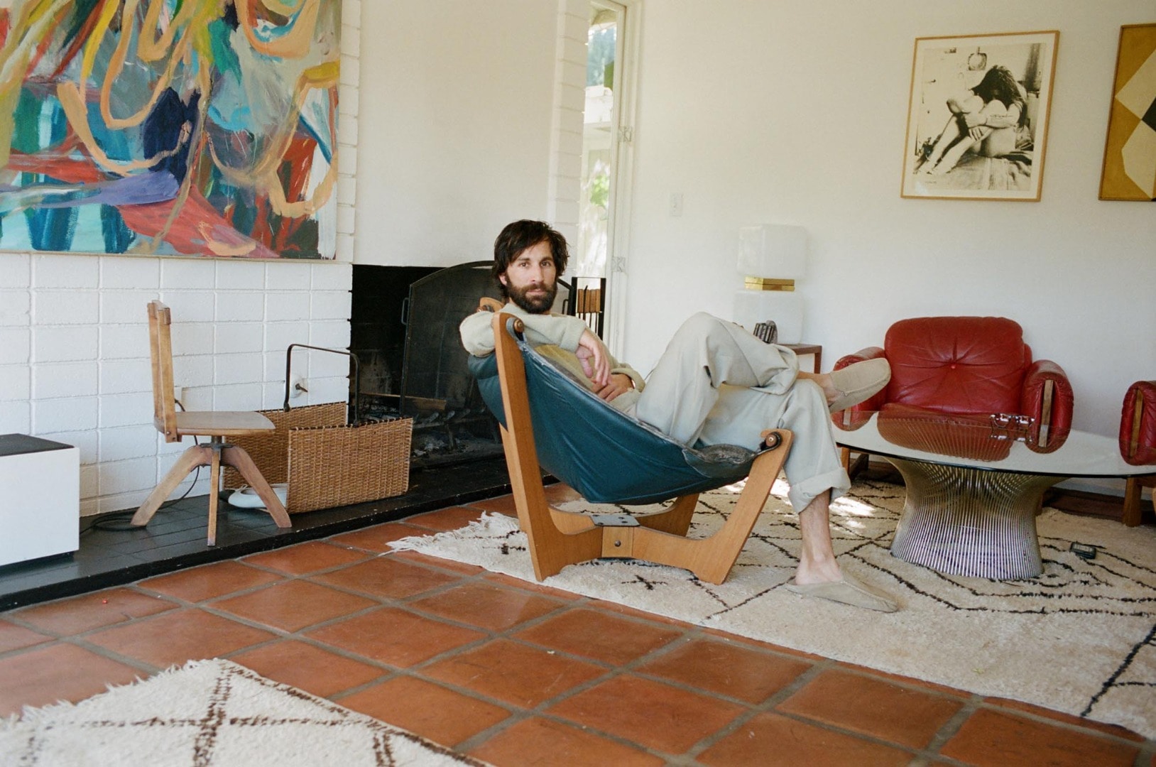 Rel wears Cotton Linen Cut Shaggy Knit Cardigan in Light Green, Hard Twist Finx Heavy Chino Slacks in Khaki, Suede Moccasin Slippers in Beige