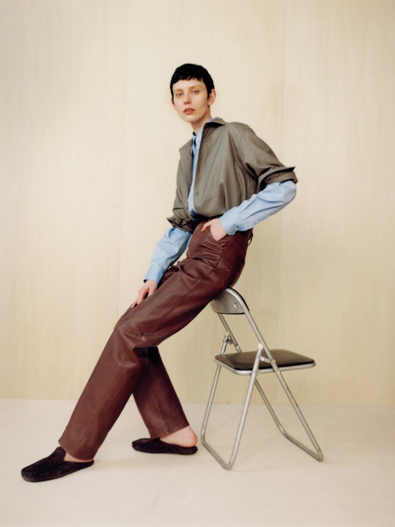 Kovich wears Super Light Wool Shirts in Top Brown, Heavy Lamb Leather Pants in Brown